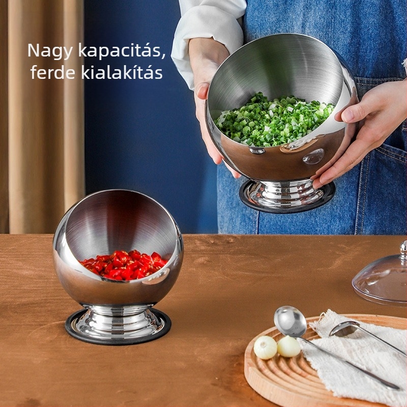 Rozsdamentes acélból készült gömb alakú szószos tál fedővel, ferde szájú, önkiszolgáló büféhez