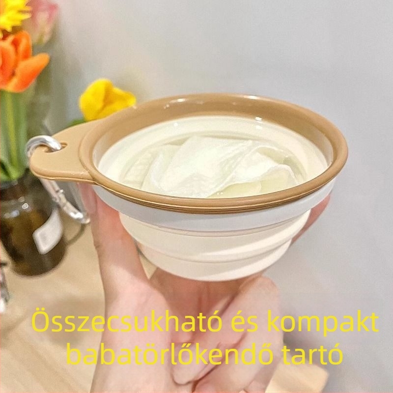 Kompakt, hordozható, összecsukható kis mosdóedény a baba popsijának tisztításához útközben; felakasztható az anyuka táskájában, és laposan összenyomható a tároláshoz.