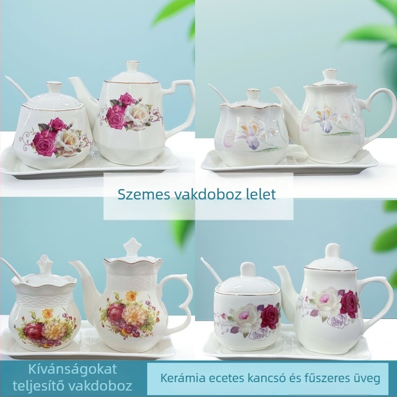 Kerámia fűszertartó készlet ecet-, cukor-, só-, chili- és olajtartóval