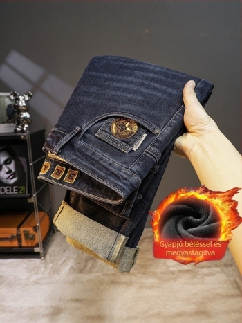 Férfi denim farmernadrág fleece-béléssel, vastag és meleg, egyenes szárú, enyhén rugalmas