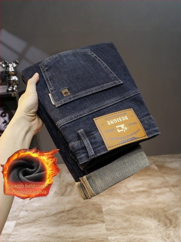 Férfi denim farmernadrág fleece-béléssel, vastag és meleg, egyenes szárú, enyhén rugalmas