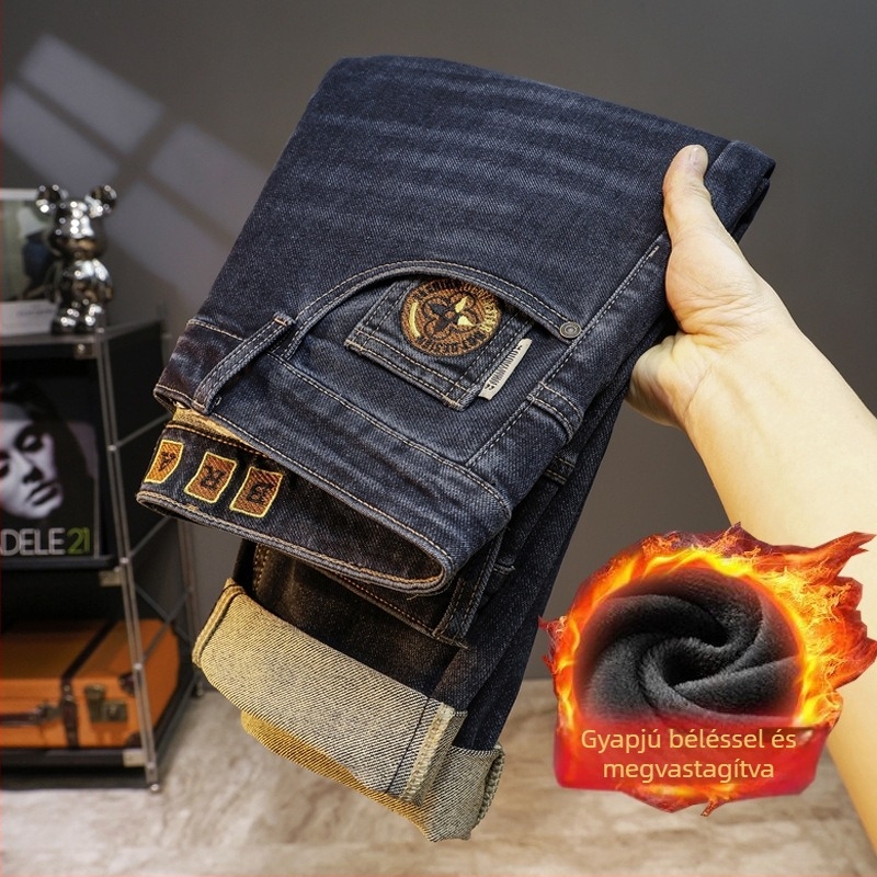 Férfi denim farmernadrág fleece-béléssel, vastag és meleg, egyenes szárú, enyhén rugalmas