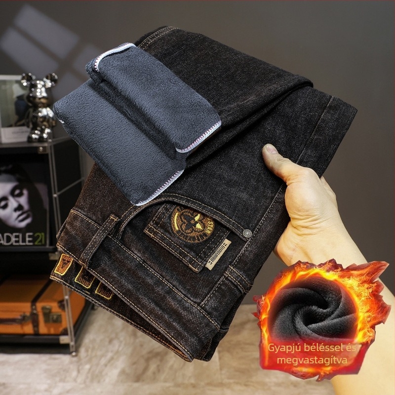 Férfi denim farmernadrág fleece-béléssel, vastag és meleg, egyenes szárú, enyhén rugalmas