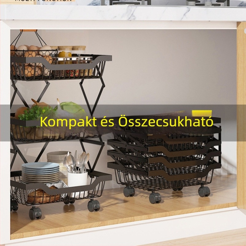 Összecsukható, többemeletes sarokforgó tárolópolc gyümölcsök, zöldségek és fűszerek számára
