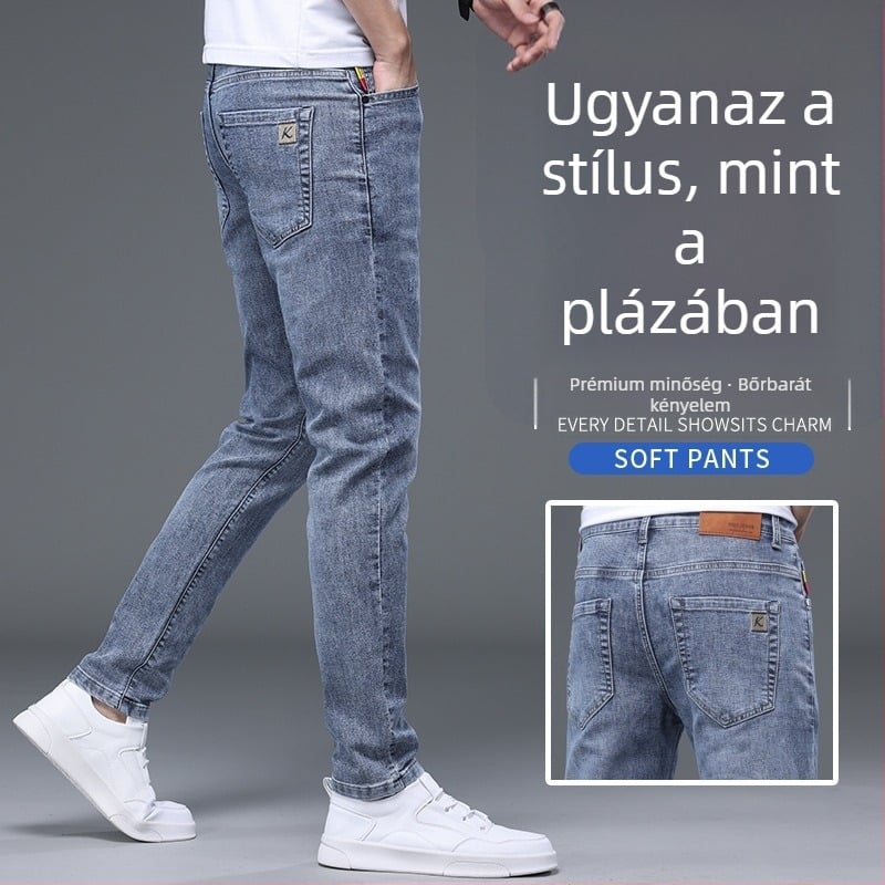 Férfiak számára készült, kiváló minőségű mosott farmernadrág, slim straight szabás, középmagas derék, cipzáras, mindennapi nadrág több zsebbel