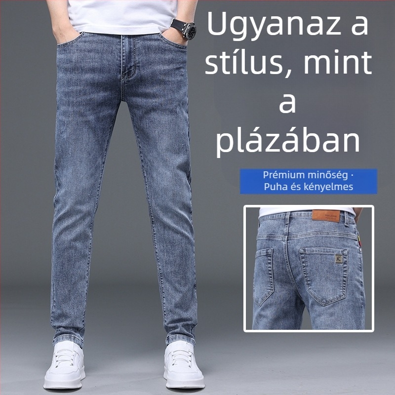 Férfiak számára készült, kiváló minőségű mosott farmernadrág, slim straight szabás, középmagas derék, cipzáras, mindennapi nadrág több zsebbel
