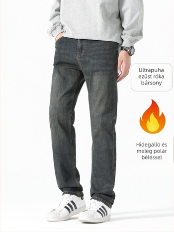 Férfi koreai stílusú farmernadrág, mosott vintage, őszi 2025, karcsú/tapered szabás, meleg fleece bélés, egyenes szárú