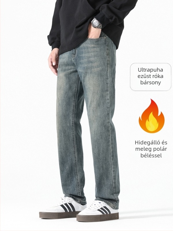 Férfi koreai stílusú farmernadrág, mosott vintage, őszi 2025, karcsú/tapered szabás, meleg fleece bélés, egyenes szárú