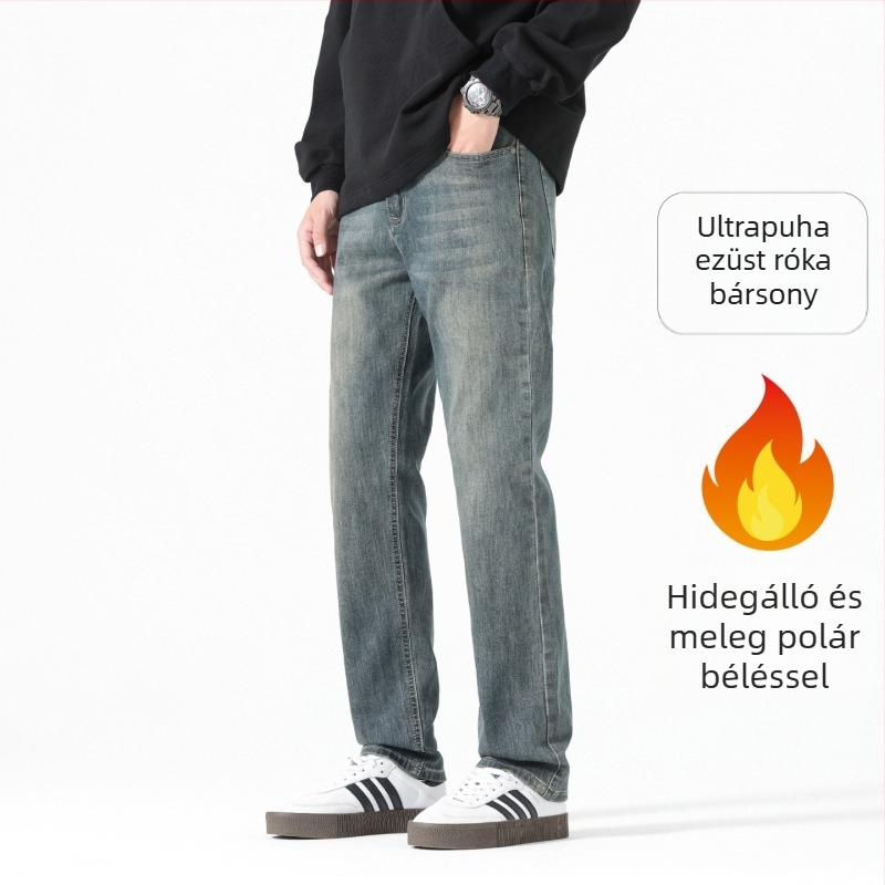 Férfi koreai stílusú farmernadrág, mosott vintage, őszi 2025, karcsú/tapered szabás, meleg fleece bélés, egyenes szárú