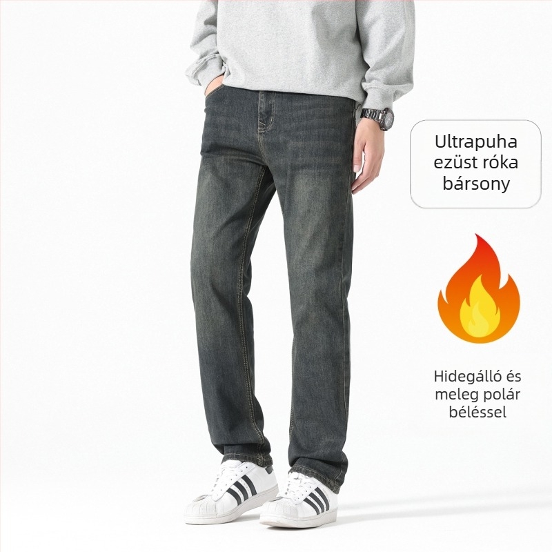 Férfi koreai stílusú farmernadrág, mosott vintage, őszi 2025, karcsú/tapered szabás, meleg fleece bélés, egyenes szárú