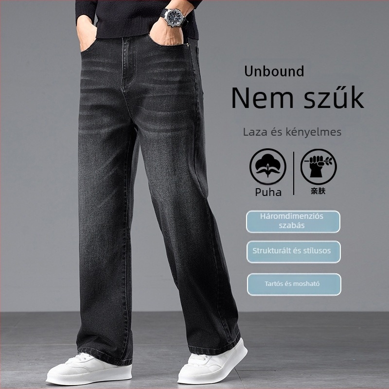 Férfi prémium farmerok ősz-tél szezonra, lazán szabott, széles lábszárú, egyenes szabású nadrág, elasztikus
