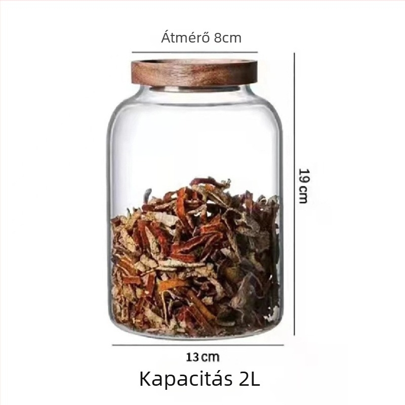 Üvegből készült tároló akácfa fedéllel, zárható, nagy kapacitású konyhai tároló gabonákhoz, teához és szárított mandarinhéjhoz