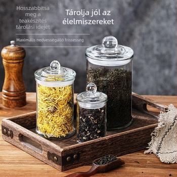 Tea- és gabonatároló üvegek élelmiszerbiztos zárással, konyhai tárolók