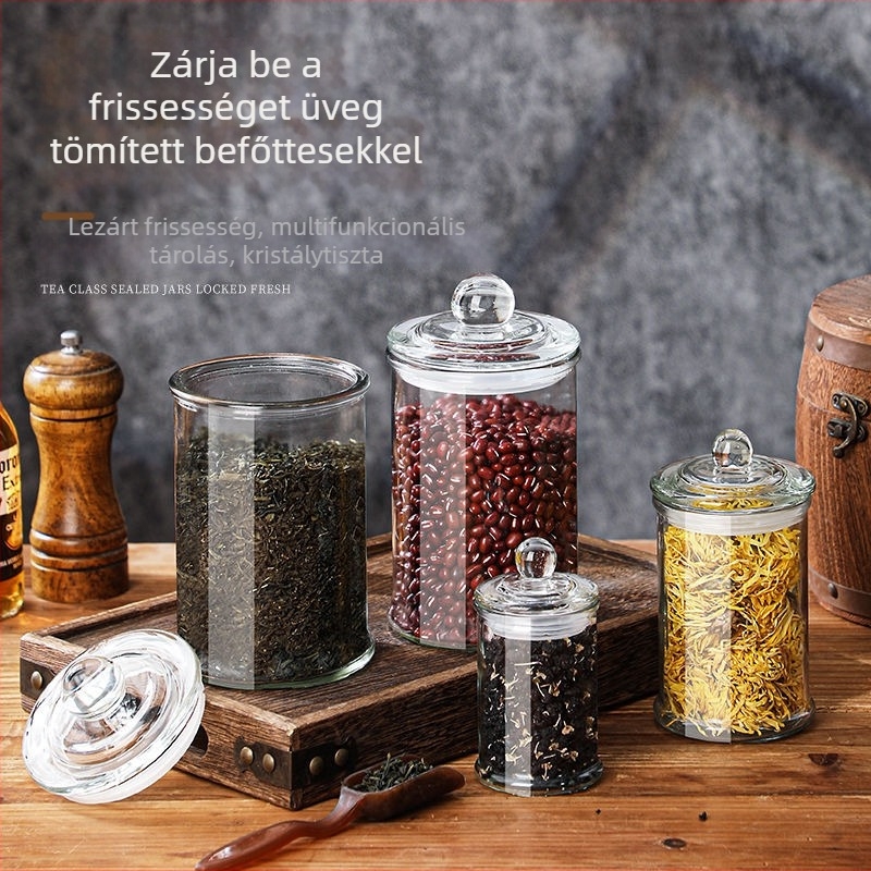Tea- és gabonatároló üvegek élelmiszerbiztos zárással, konyhai tárolók