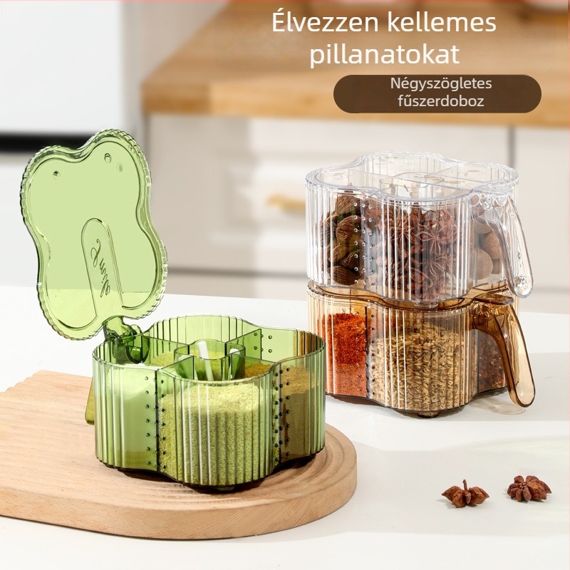 Négy rekeszű fűszeres doboz fedéllel, modern konyhai tároló