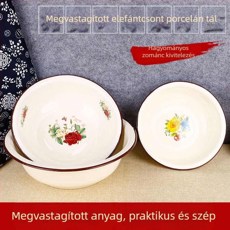 Zománcos virágmintás tál, vastag zománc, vintage kerek formájú, 10 cm átmérő, könnyen tisztítható