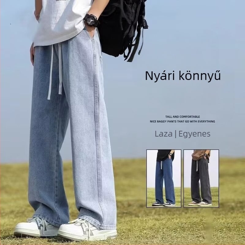 Férfi világoskék denim farmernadrág, nyár 2024, könnyű anyag, amerikai stílusú egyenes szabás, laza mindennapi nadrág
