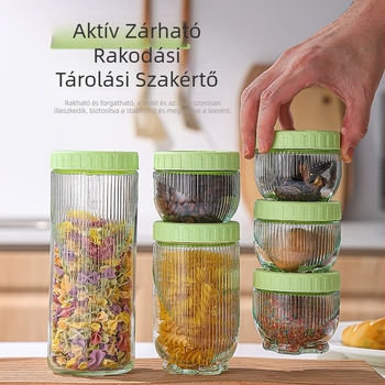 Üvegből készült tárolóedény zárható fedővel, átlátszó, nedvességálló, macska mancsa mintázatú, kapacitás 300 ml alatti, egymásra tehető.