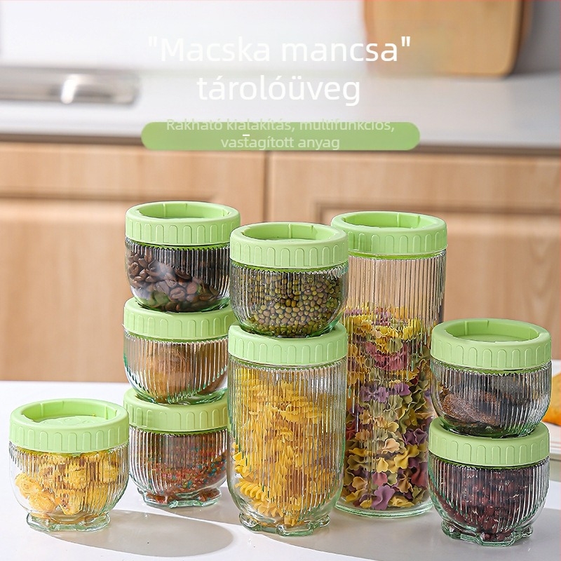 Üvegből készült tárolóedény zárható fedővel, átlátszó, nedvességálló, macska mancsa mintázatú, kapacitás 300 ml alatti, egymásra tehető.