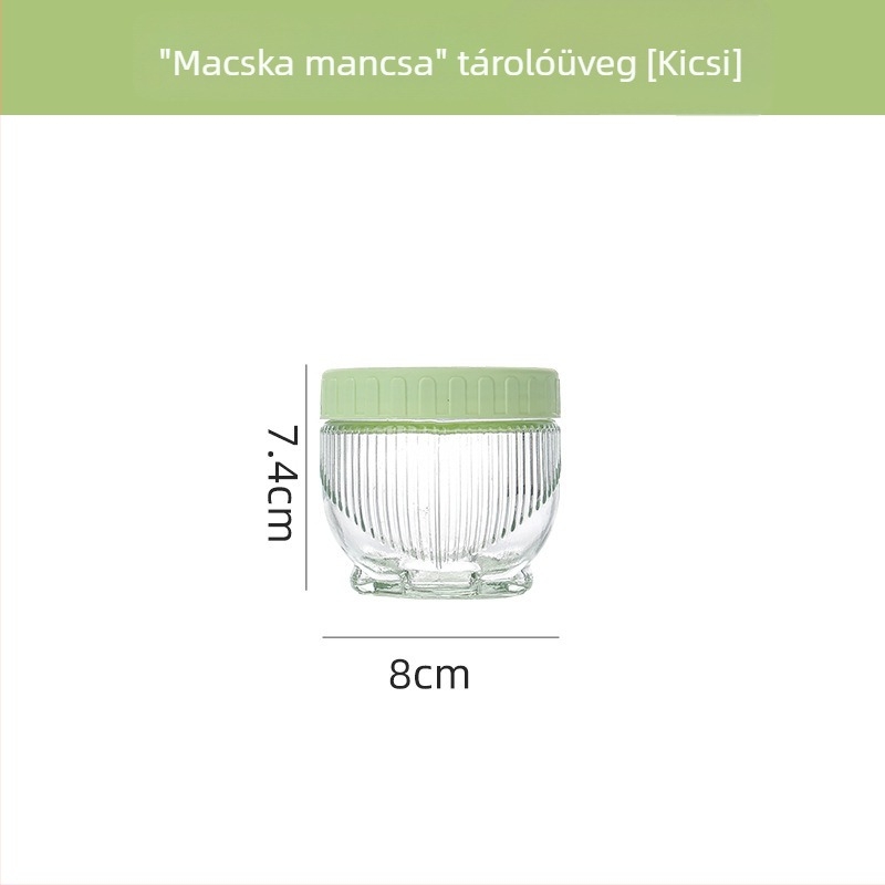 Üvegből készült tárolóedény zárható fedővel, átlátszó, nedvességálló, macska mancsa mintázatú, kapacitás 300 ml alatti, egymásra tehető.