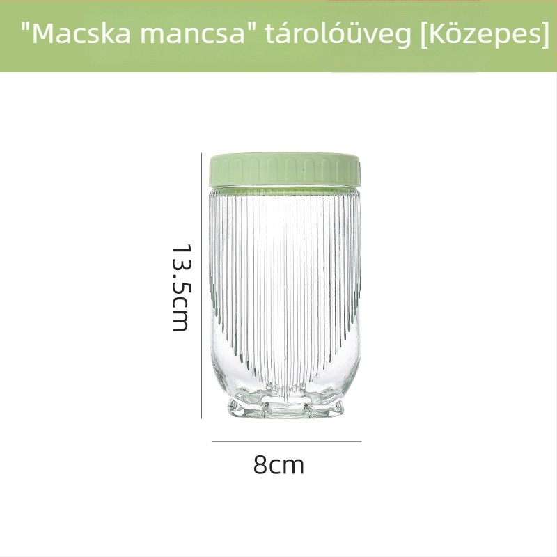 Üvegből készült tárolóedény zárható fedővel, átlátszó, nedvességálló, macska mancsa mintázatú, kapacitás 300 ml alatti, egymásra tehető.
