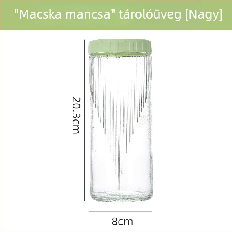 Üvegből készült tárolóedény zárható fedővel, átlátszó, nedvességálló, macska mancsa mintázatú, kapacitás 300 ml alatti, egymásra tehető.