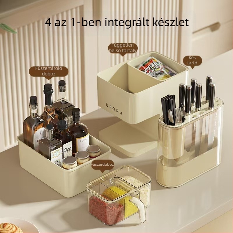 Minden az egyben konyhai tároló fűszerekhez, kés- és edénytartóval