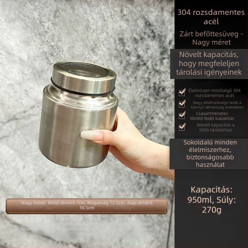 304 rozsdamentes acél nedvességzáró tárolóedény átlátszó zárófedelemmel, nagy kapacitás tealevelekhez, kávébabokhoz és gabonákhoz