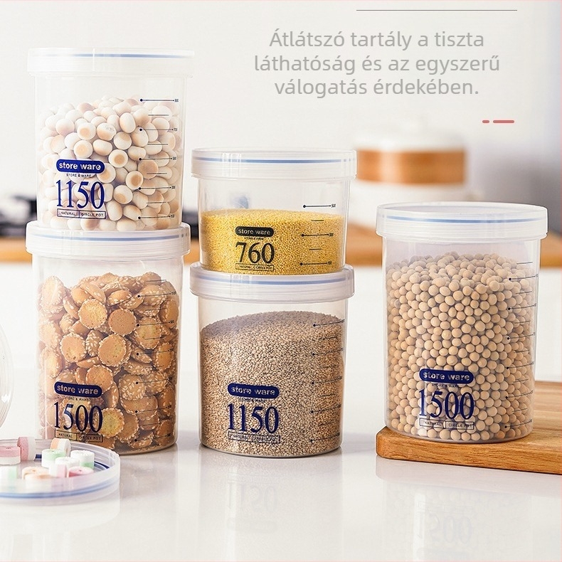 Zárható műanyag élelmiszer-tároló – átlátszó, nedvességálló tartály 800–1000 ml kapacitással, nassolnivalókhoz, tejporhoz és gabonafélékhez, hordozható