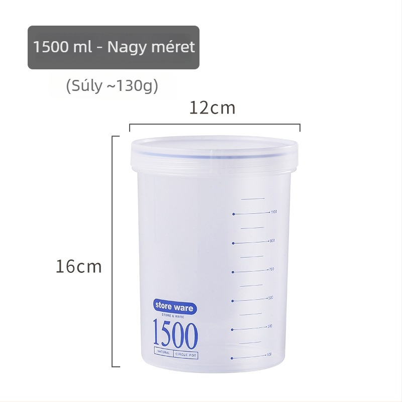 Zárható műanyag élelmiszer-tároló – átlátszó, nedvességálló tartály 800–1000 ml kapacitással, nassolnivalókhoz, tejporhoz és gabonafélékhez, hordozható