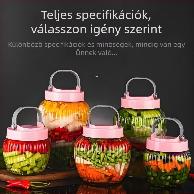 Üvegből készült savanyúság tároló, zárható, élelmiszer-minőségű