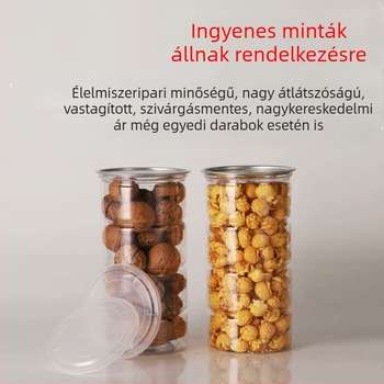 Átlátszó PET snack- és popcorn tároló üveg, élelmiszer-minőségű, zárható és könnyen nyitható fedéllel
