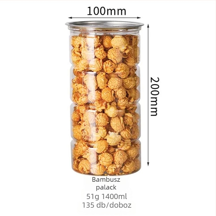 Átlátszó PET snack- és popcorn tároló üveg, élelmiszer-minőségű, zárható és könnyen nyitható fedéllel
