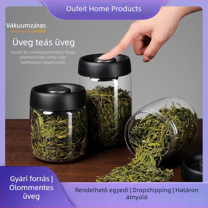 Üvegből készült vákuum-záródó teásüveg, élelmiszer-minőségű tároló, száraz teák, kávé és illatos tea tárolására