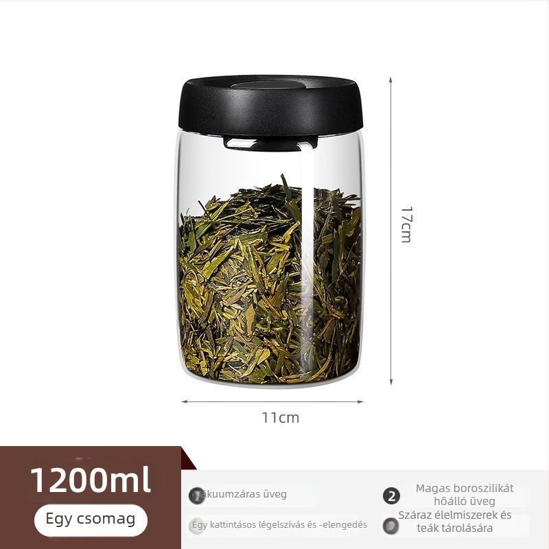 Üvegből készült vákuum-záródó teásüveg, élelmiszer-minőségű tároló, száraz teák, kávé és illatos tea tárolására