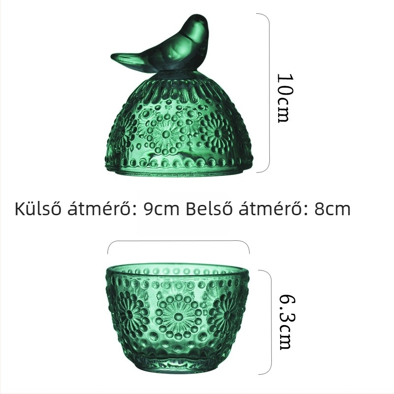 Madár alakú üveg tárolóedény domborított mintával, 300 ml kapacitású, vattapálcikákra, ékszerekre (nyakláncok, fülbevalók) és egyéb apró tárgyakra