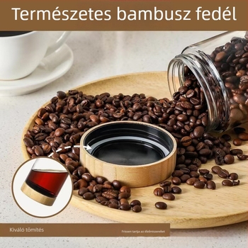 Bambuszfedelű üvegtároló, nedvességálló zárt edény kávébabokhoz, nassolnivalókhoz és diófélékhez