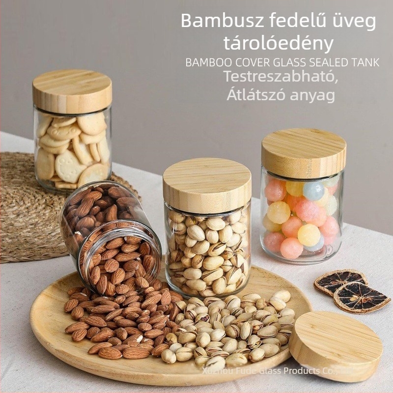 Bambuszfedelű üvegtároló, nedvességálló zárt edény kávébabokhoz, nassolnivalókhoz és diófélékhez