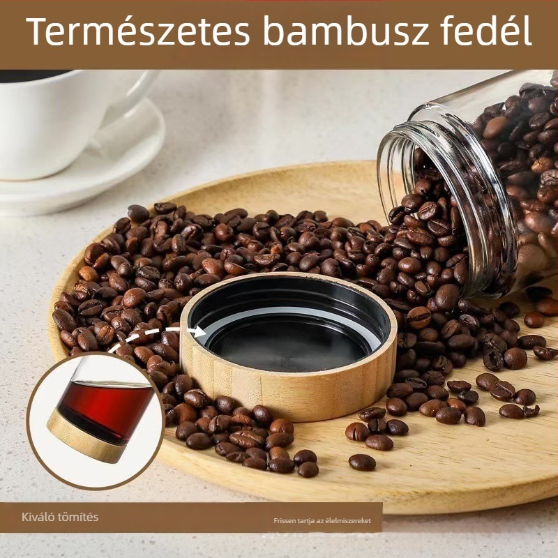 Bambuszfedelű üvegtároló, nedvességálló zárt edény kávébabokhoz, nassolnivalókhoz és diófélékhez