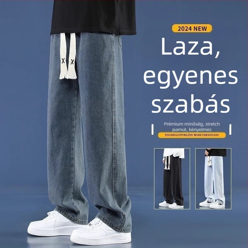 Férfiaknak szabad esésű farmernadrág, amerikai stílusú egyenes szárú, casual nadrág tavasz–őszre