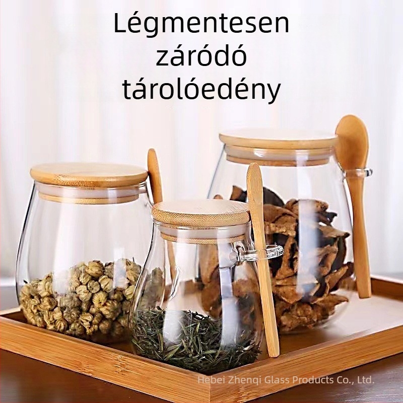 Személyre szabott gabona- és tea tároló edény kanálfedéllel, zárt boroszilikát üveg