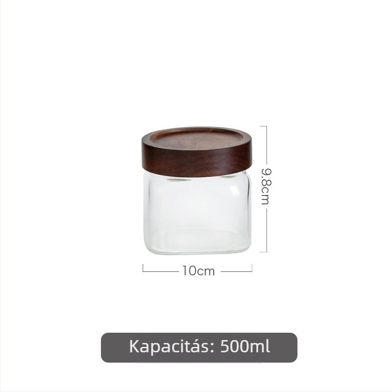 Zárható üveg tároló tea- és kávéőrleményhez, négyszögletes üveg kerek fedővel, 300 ml