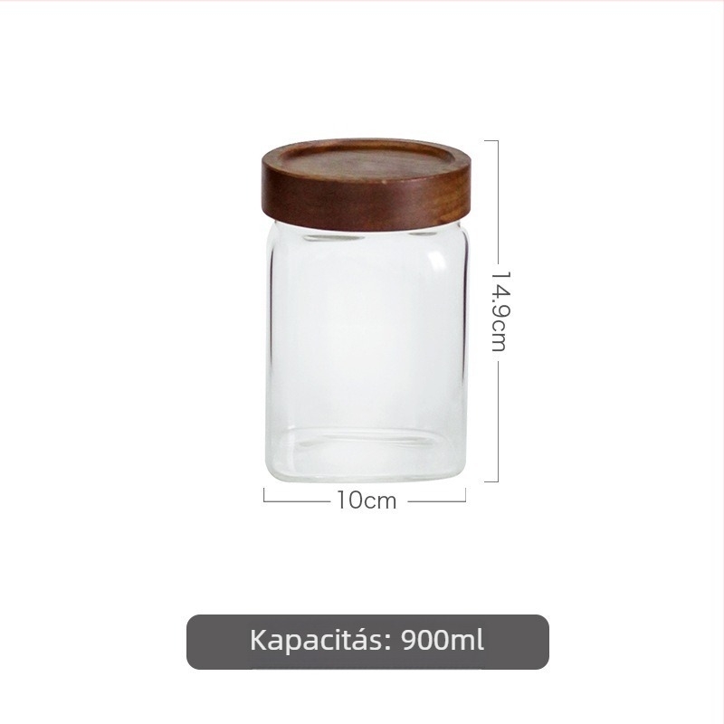 Zárható üveg tároló tea- és kávéőrleményhez, négyszögletes üveg kerek fedővel, 300 ml