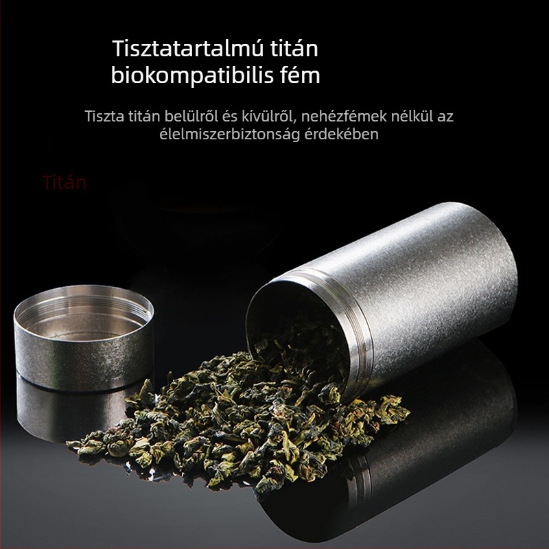 Tiszta titánból készelt teásdoboz, kis méretű, hordozható, zárható tároló teához