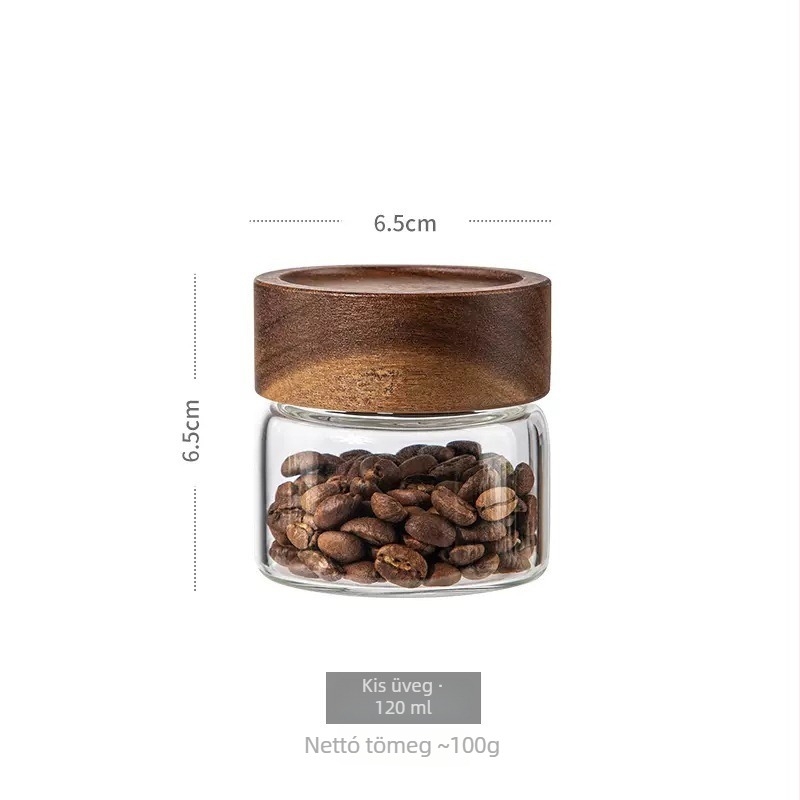 Zárható kávébab és tea tároló üveg boroszilikátból, akácfa fedéllel, 300 ml