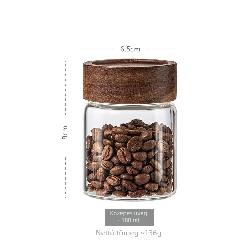 Zárható kávébab és tea tároló üveg boroszilikátból, akácfa fedéllel, 300 ml