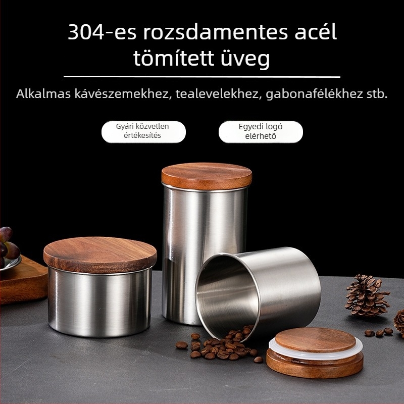 304 rozsdamentes acélból készült légmentesen záródó tároló pohár fa fedővel, 301–500 ml, kávébabok, tealevelek, fűszerek és gabonafélék számára