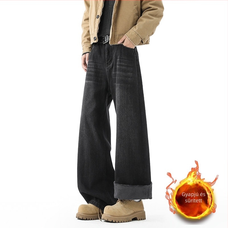 Férfi denim farmernadrág fleece-béléssel és bambusz mintázattal, lazán szabott, őszi-téli