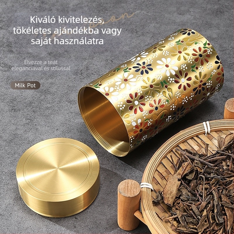 Sárgaréz teás tartó doboz zárható fedéllel, teás tartály, irodai asztali dísz kínai stílusban, hordozható utazási dekoráció, tartós.