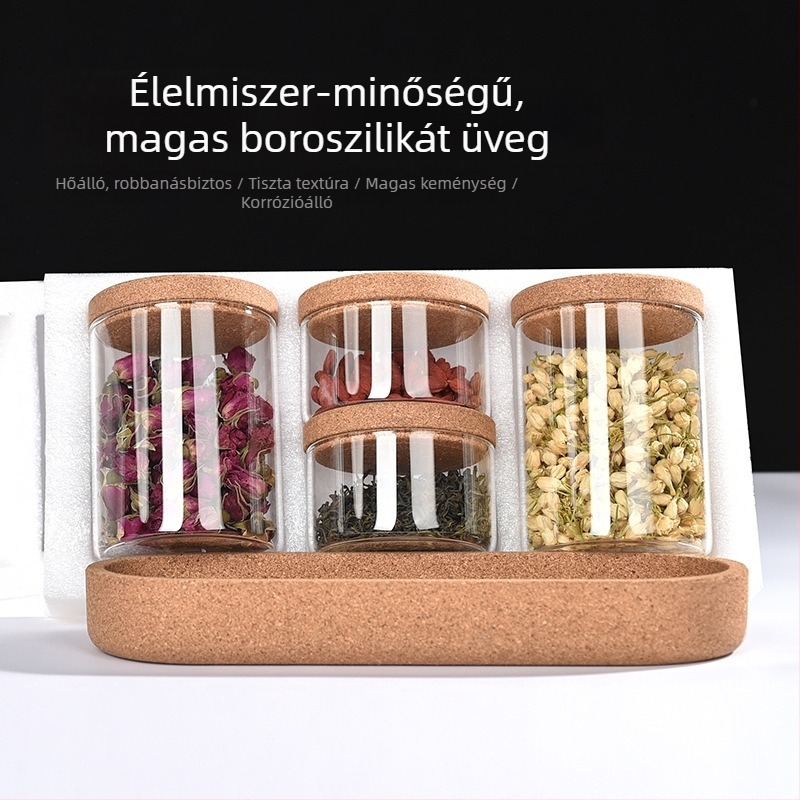 Egyedi, átlátszó üveg fűszertartó dugóval, tároló üveg